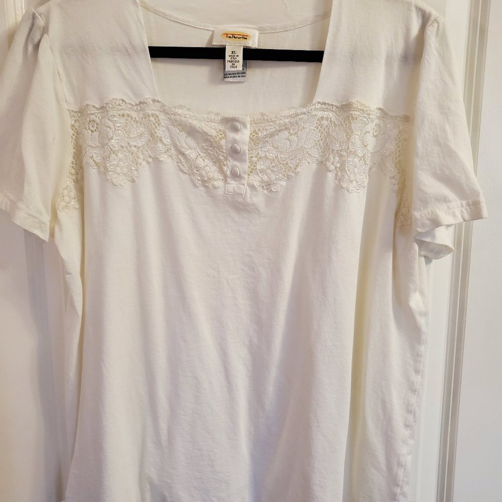 Talbots ecru short sleeve lace trim knit top size XL